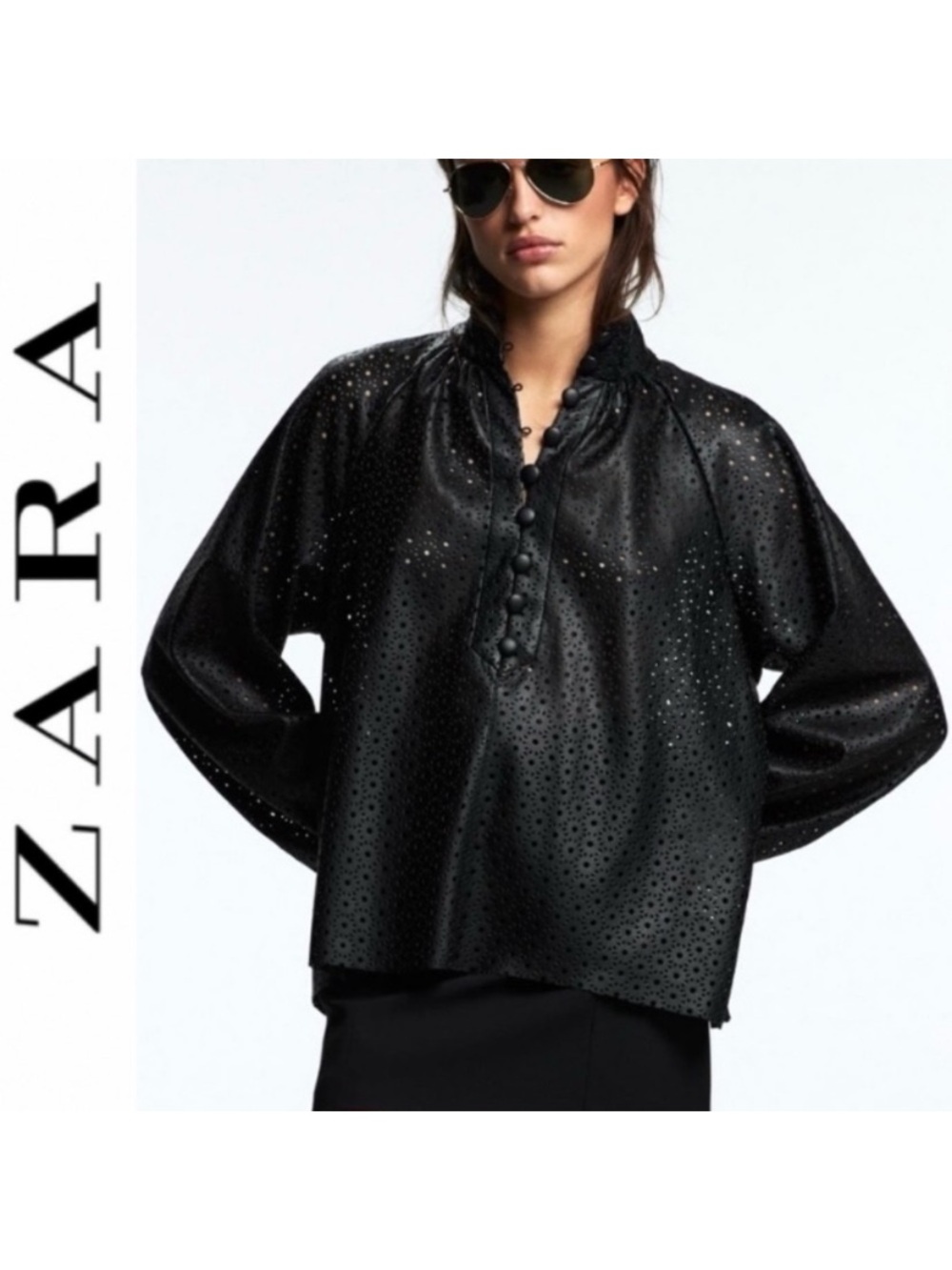 Zara Black Laser-Cut Eyelet Faux Leather Pullover Blouse/Top- XS